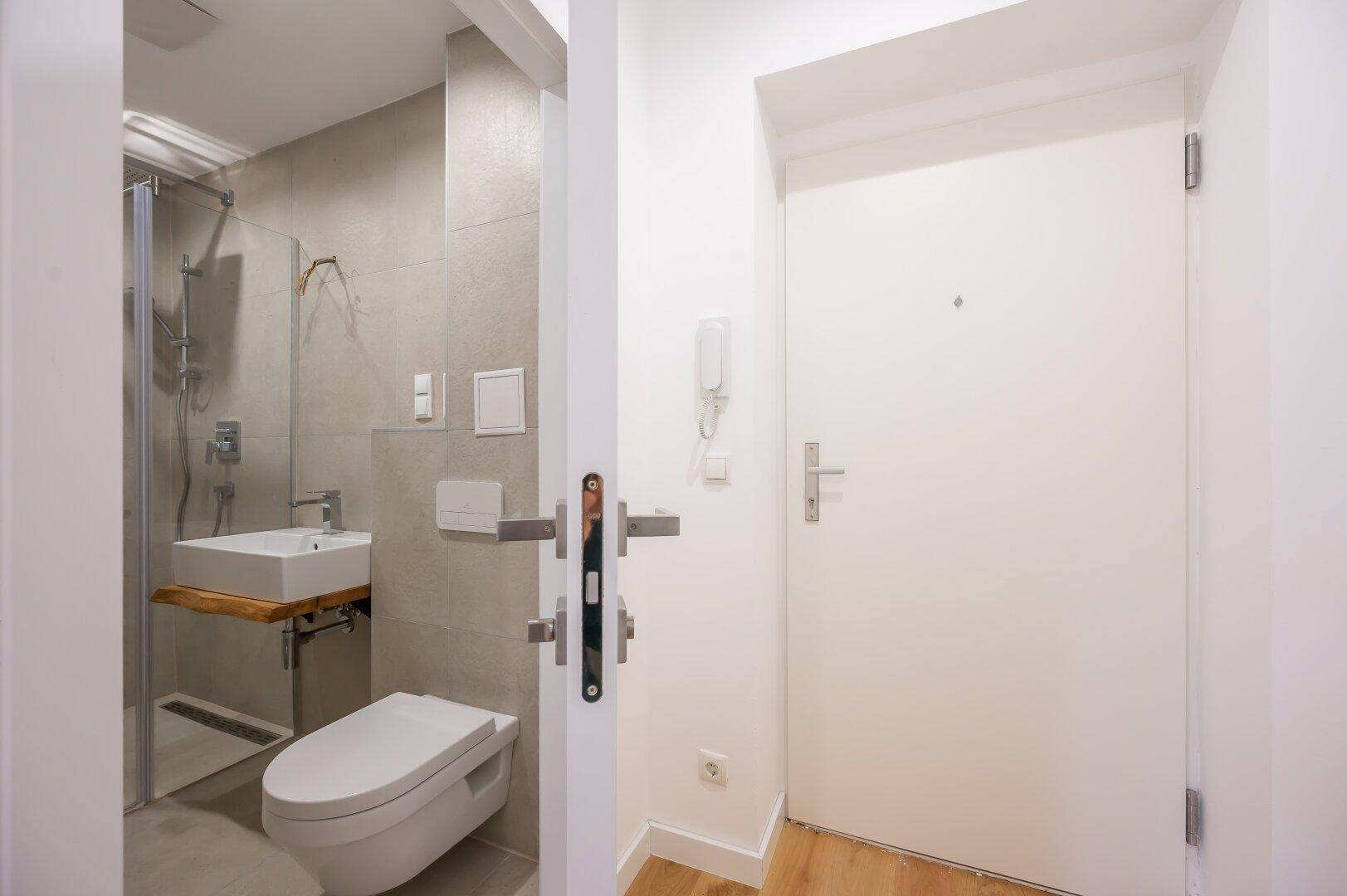 Modernes Badezimmer mit Dusche, WC und Waschbecken, direkt neben dem Eingangsbereich.