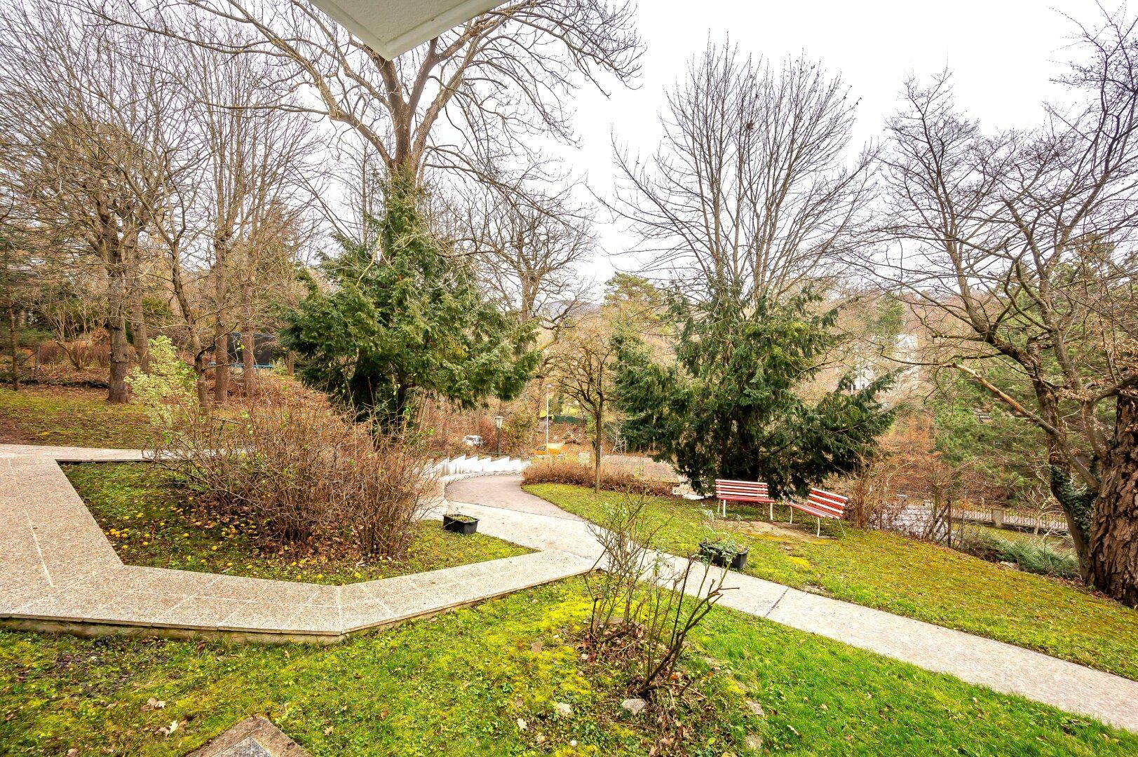 Gepflegter Gartenbereich mit Gehwegen, Bänken und üppiger Vegetation, ideal zur Entspannung.