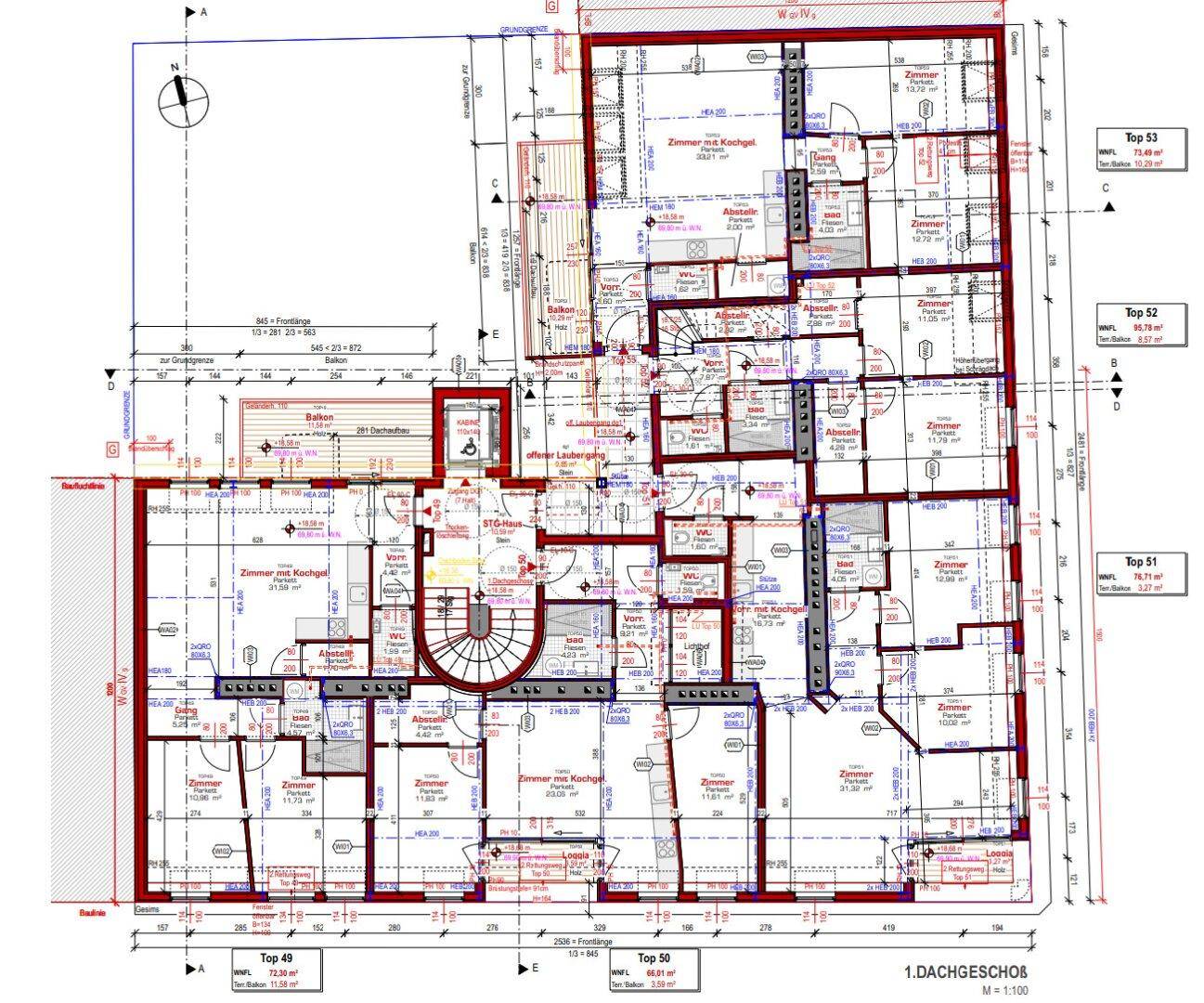 Grundriss des 1. Dachgeschosses mit mehreren Wohneinheiten, Balkonen und Terrassen.