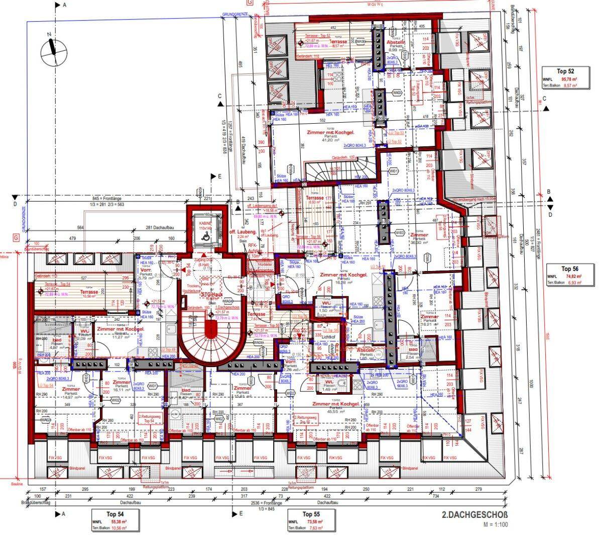 Grundriss des 2. Dachgeschosses mit verschiedenen Wohnungen, Terrassen und Dachschrägen.