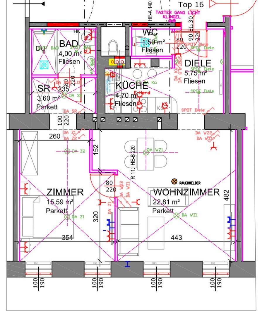 Grundriss einer Wohnung mit Zimmern, Bad, WC, Küche und Wohnzimmer.