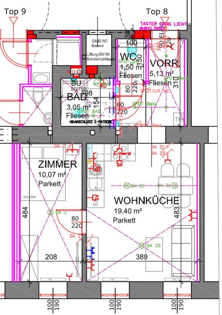 Detaillierter Grundriss mit Bad, WC, Zimmer und Wohnküche für zwei Wohneinheiten.