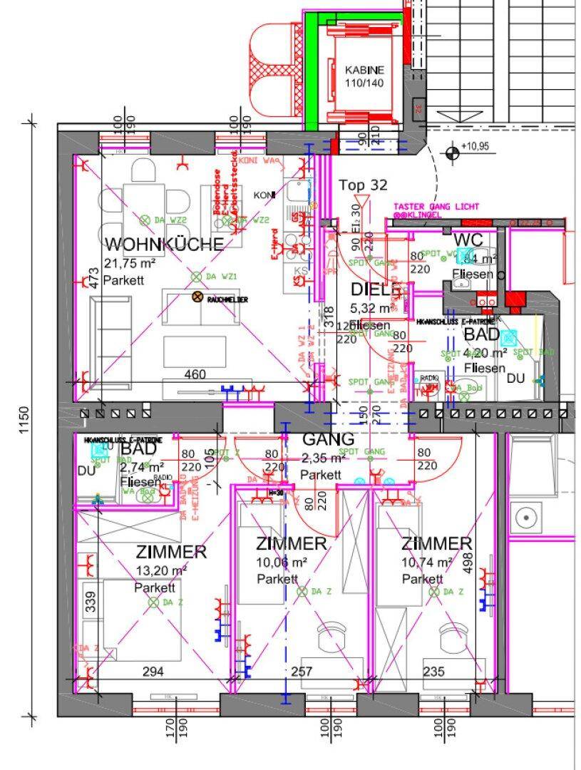 Detaillierter Grundriss einer Wohnung mit drei Zimmern, Wohnküche und zwei Bädern.