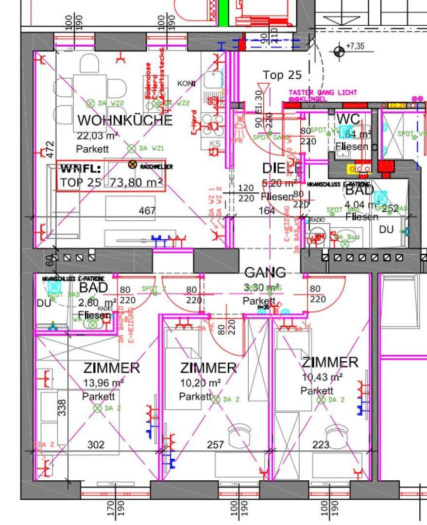 Detaillierter Grundriss einer Wohnung mit Wohnküche, drei Zimmern und zwei Bädern.