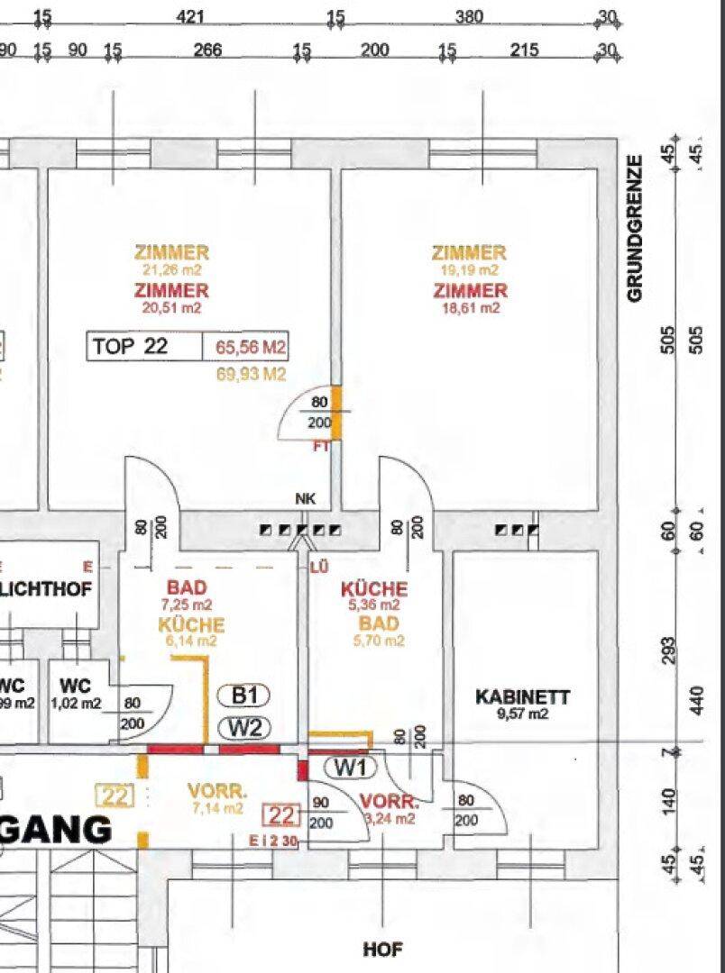 Grundriss der Wohnung Top 22 mit Zimmern, Bad, Küche und Vorraum.