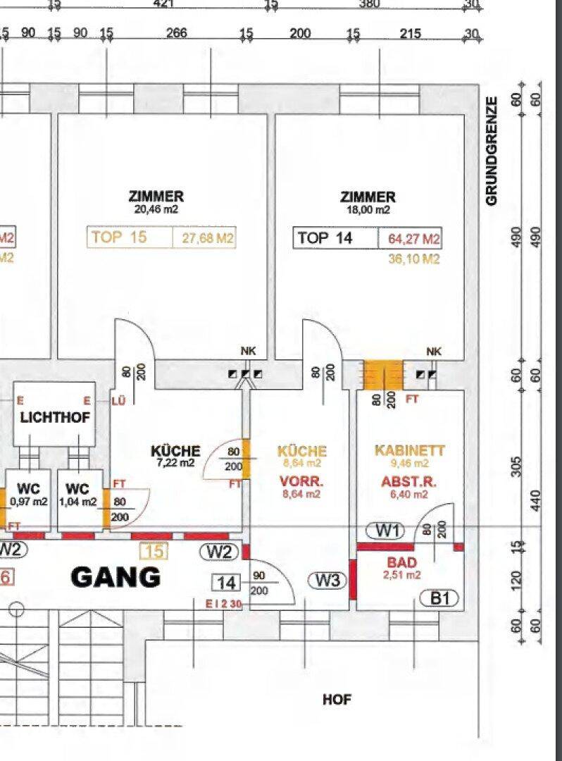 Grundriss eines Apartments mit Zimmern, Küche, Bad und WC, inklusive Maßen.