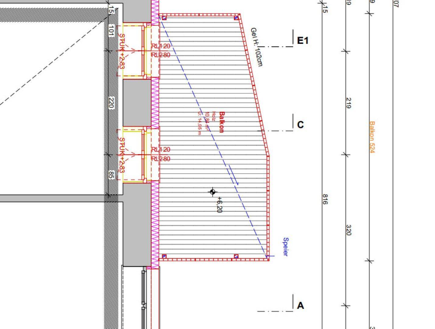 Detailansicht eines Balkons im Grundriss mit Maßen und Geländerhöhe.