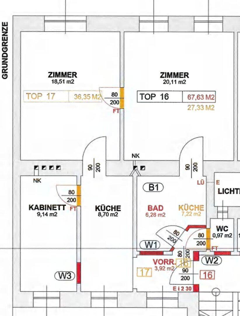 Grundriss für zwei Wohneinheiten mit Zimmern, Küche, Bad und WC.