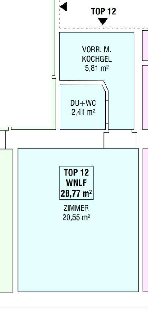 Ausschnitt eines Grundrisses mit Zimmern und Flächenangaben für eine Wohnung.
