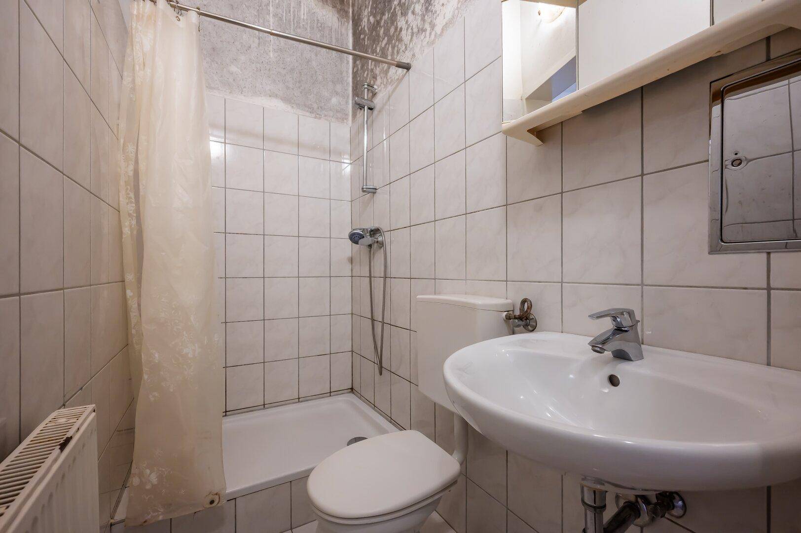 Funktionales Badezimmer mit Duschwanne, Waschbecken und WC, komplett gefliest.