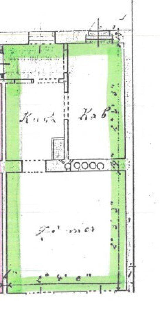 Historischer Grundriss mit eingezeichneten Räumen und handschriftlichen Notizen.