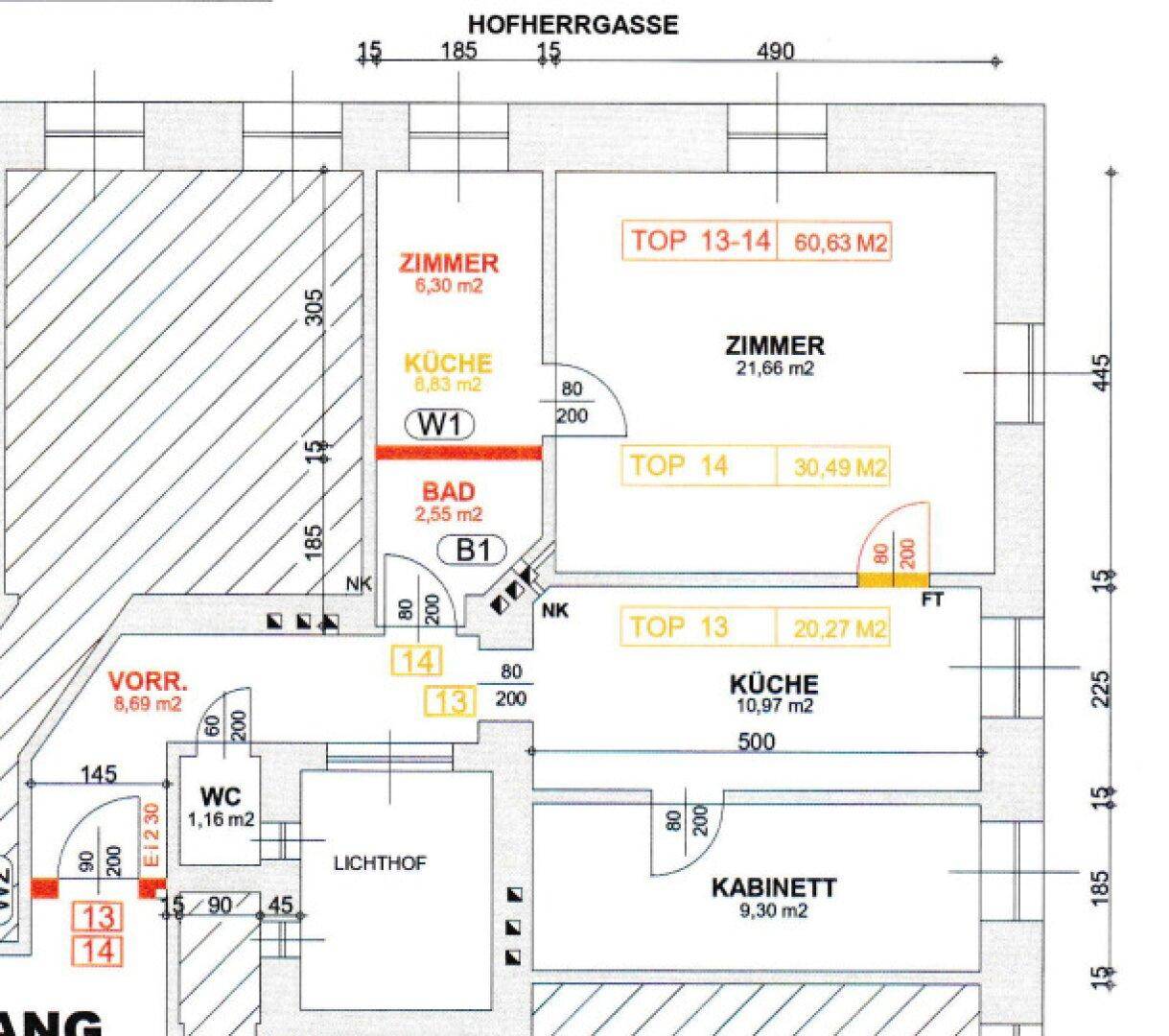 Detaillierter Grundriss mit Raumaufteilung und Flächenangaben für mehrere Einheiten.