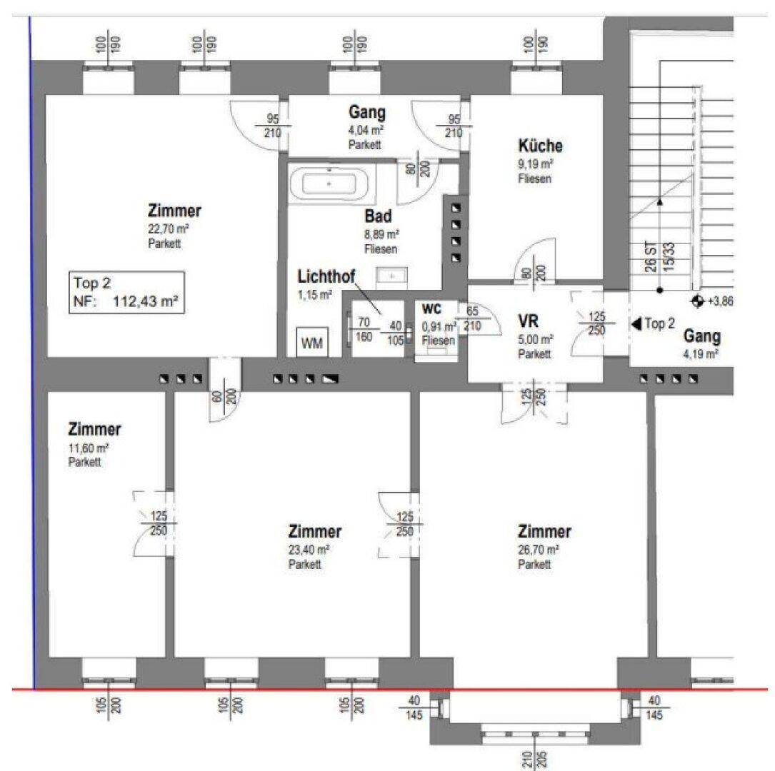 Grundriss einer Wohnung mit mehreren Zimmern, Bad, separatem WC und Küche.