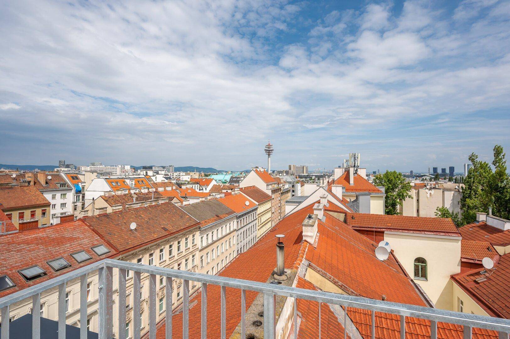 Panoramablick über die historischen Dächer der Stadt mit Fernsicht.