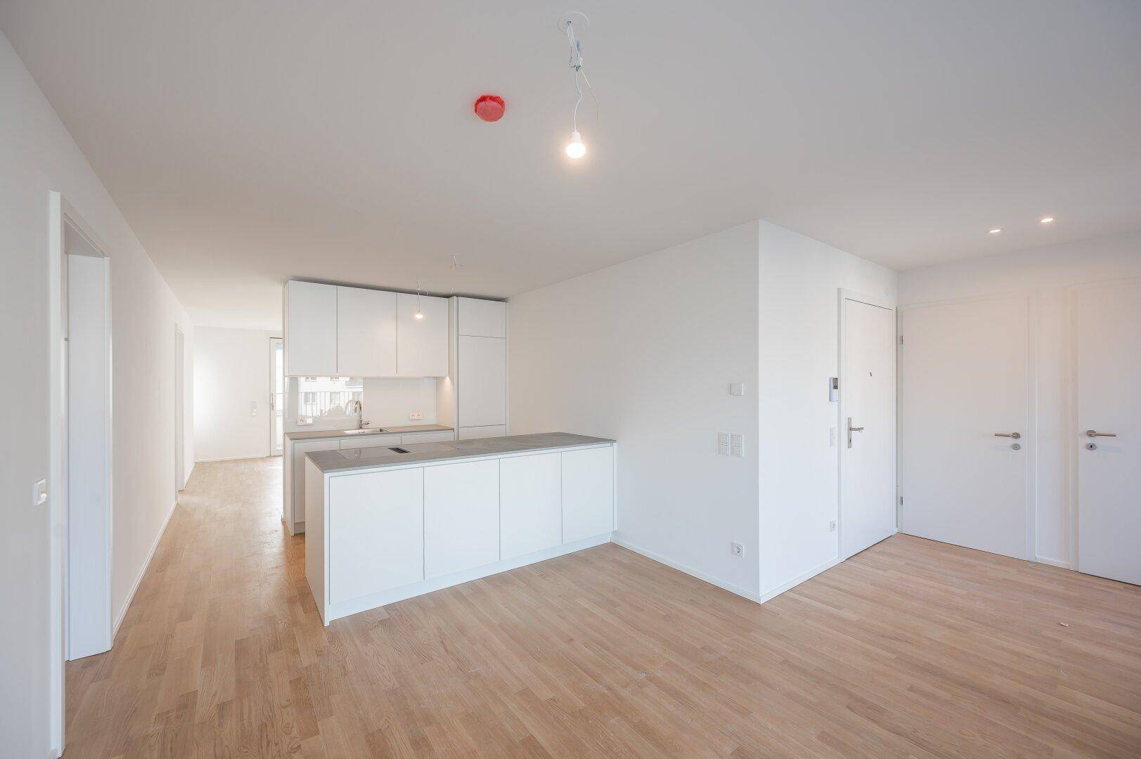 Moderne, offene Küche mit weißen Schränken und Holzboden im Eingangsbereich.