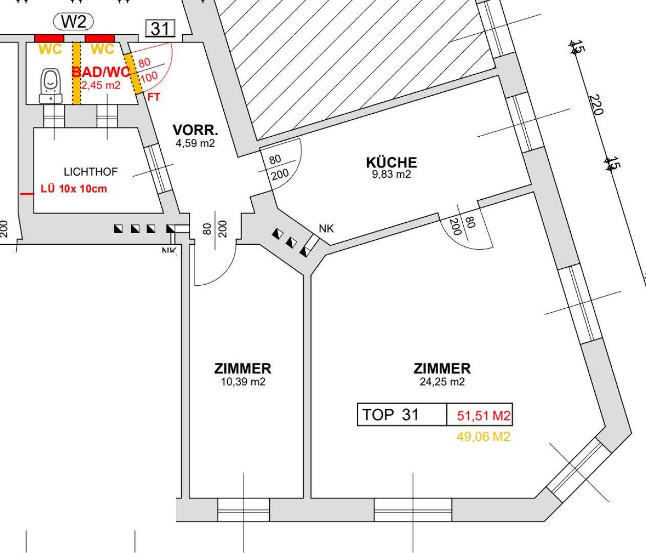 Grundriss einer Wohnung mit Küche, Bad/WC und zwei Zimmern, Gesamtfläche 51,51 m².