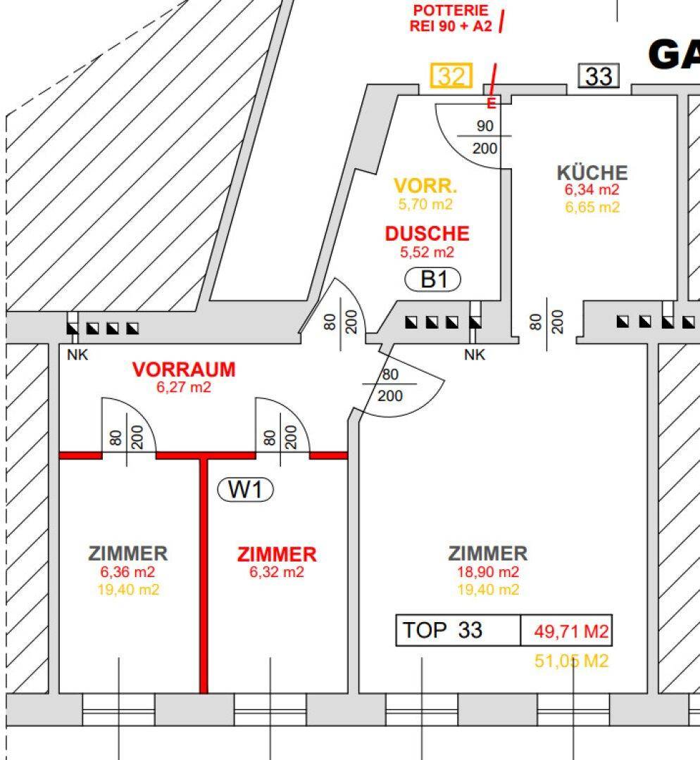 Grundriss einer Wohnung mit mehreren Zimmern, Küche und Dusche.
