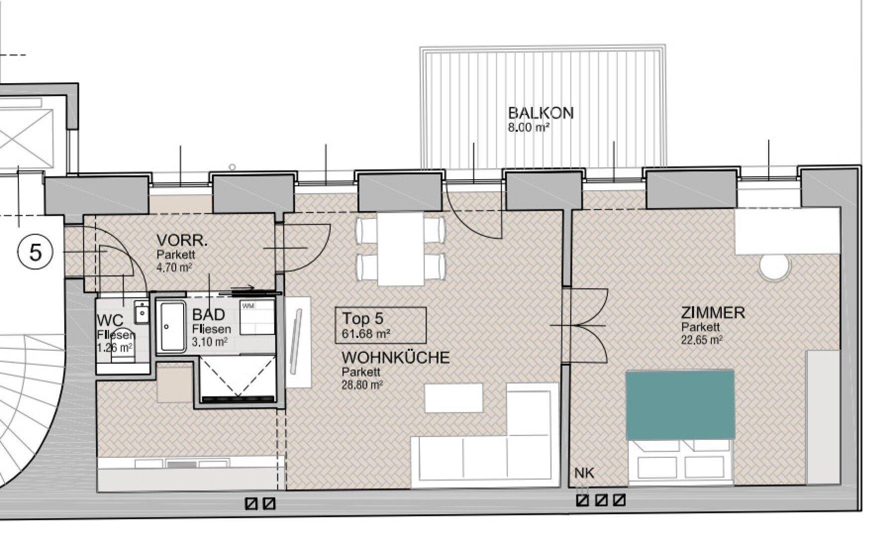 Grundriss der Wohnung Top 5 mit Wohnküche, Zimmer und Balkon, inklusive Flächenangaben.