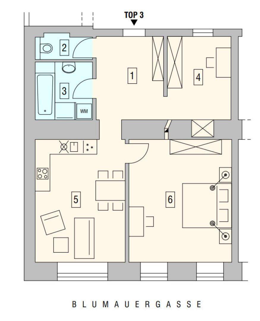 Grundriss der Wohnung "TOP 3" mit drei Zimmern, Bad und separatem WC.