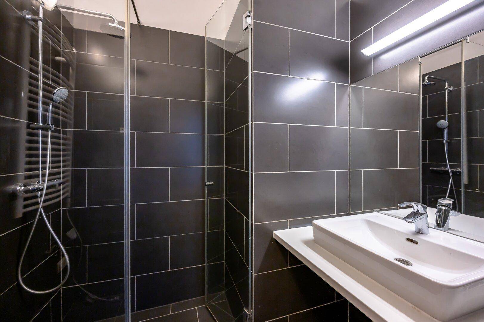 Modernes Badezimmer mit dunklen Fliesen, ebenerdiger Dusche und Einzelwaschbecken.