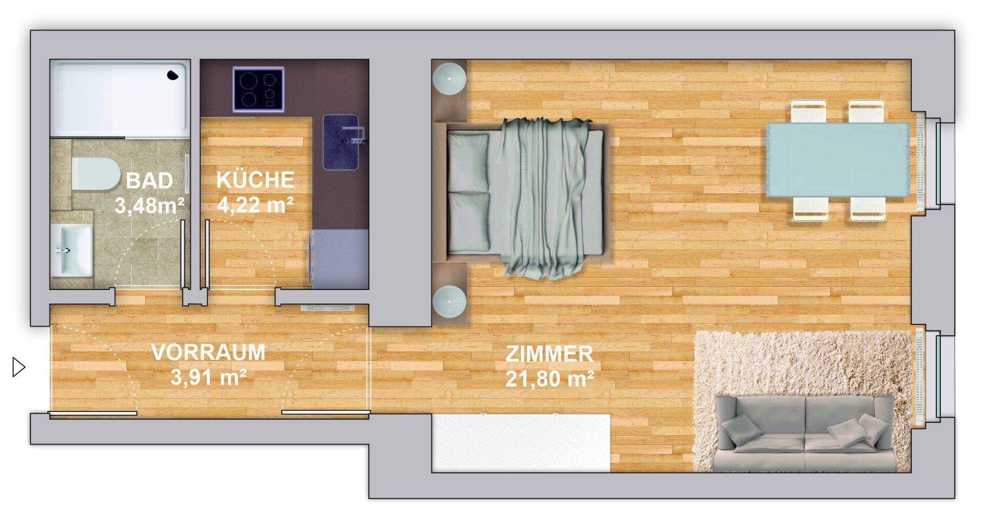 Grundriss einer Wohnung mit kombiniertem Wohn-/Schlafzimmer, separater Küche und Bad.