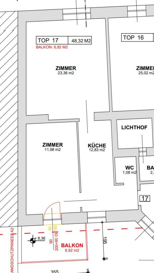 Grundriss einer Wohnung mit Zimmern, Küche, WC und Balkon.