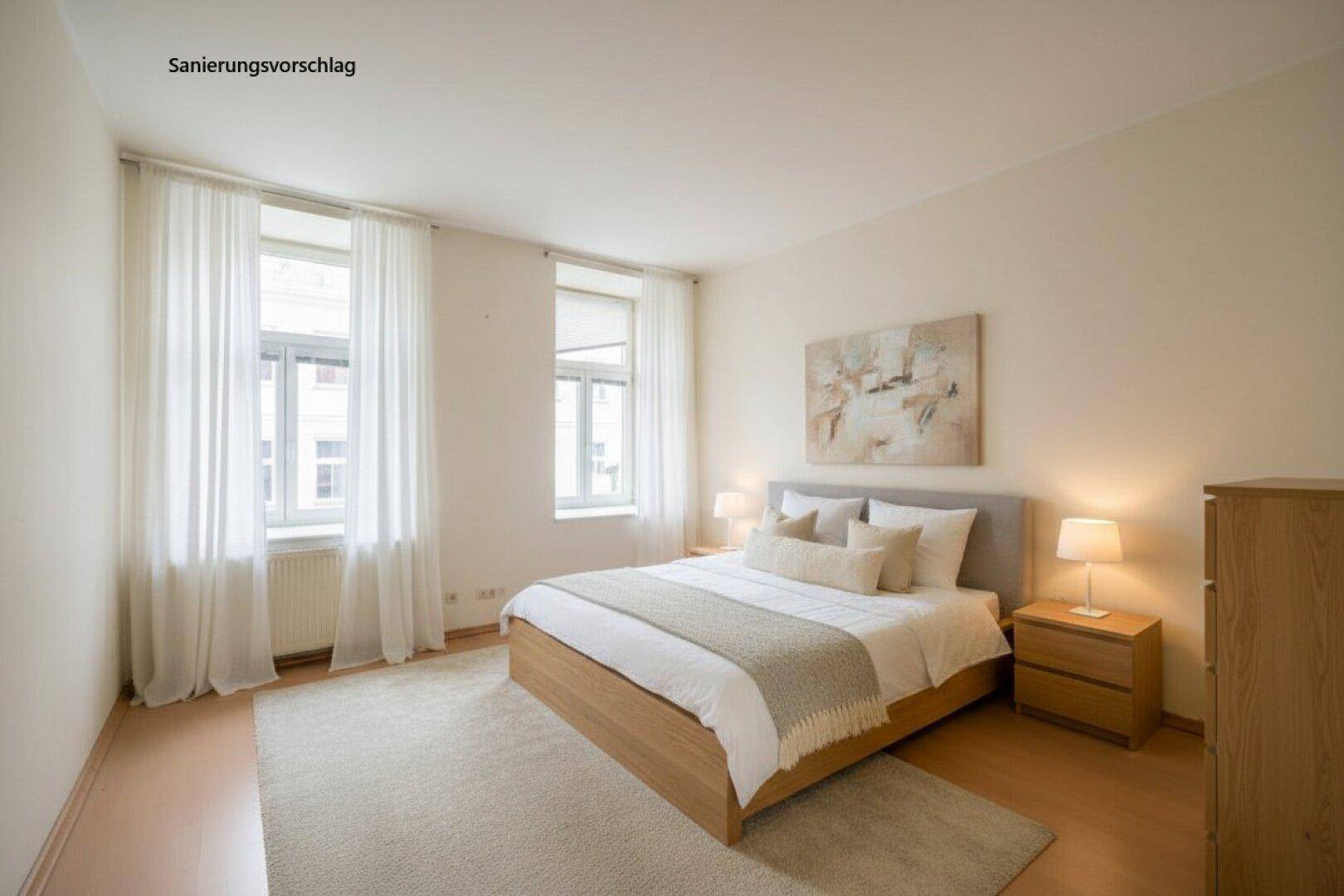 Modernes Schlafzimmer mit Doppelbett, Holzboden und großen Fenstern als Sanierungsvorschlag.