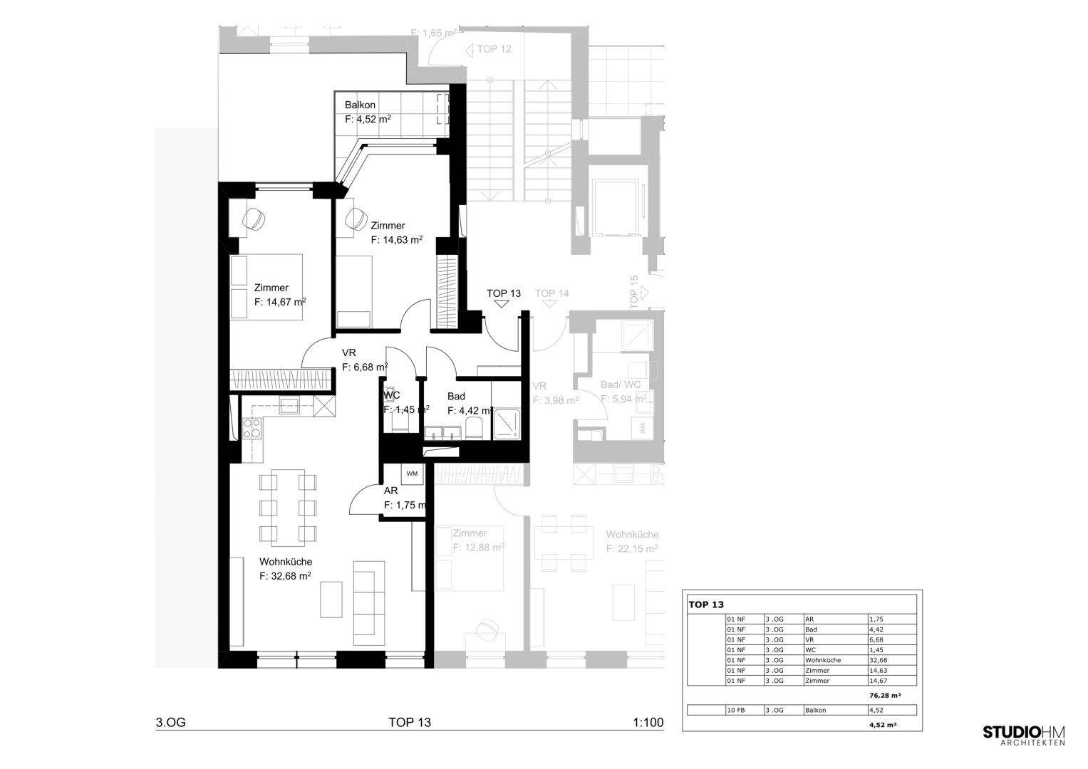 Grundriss einer Wohnung mit offener Wohnküche, zwei Schlafzimmern, Bad, separatem WC und Balkon.