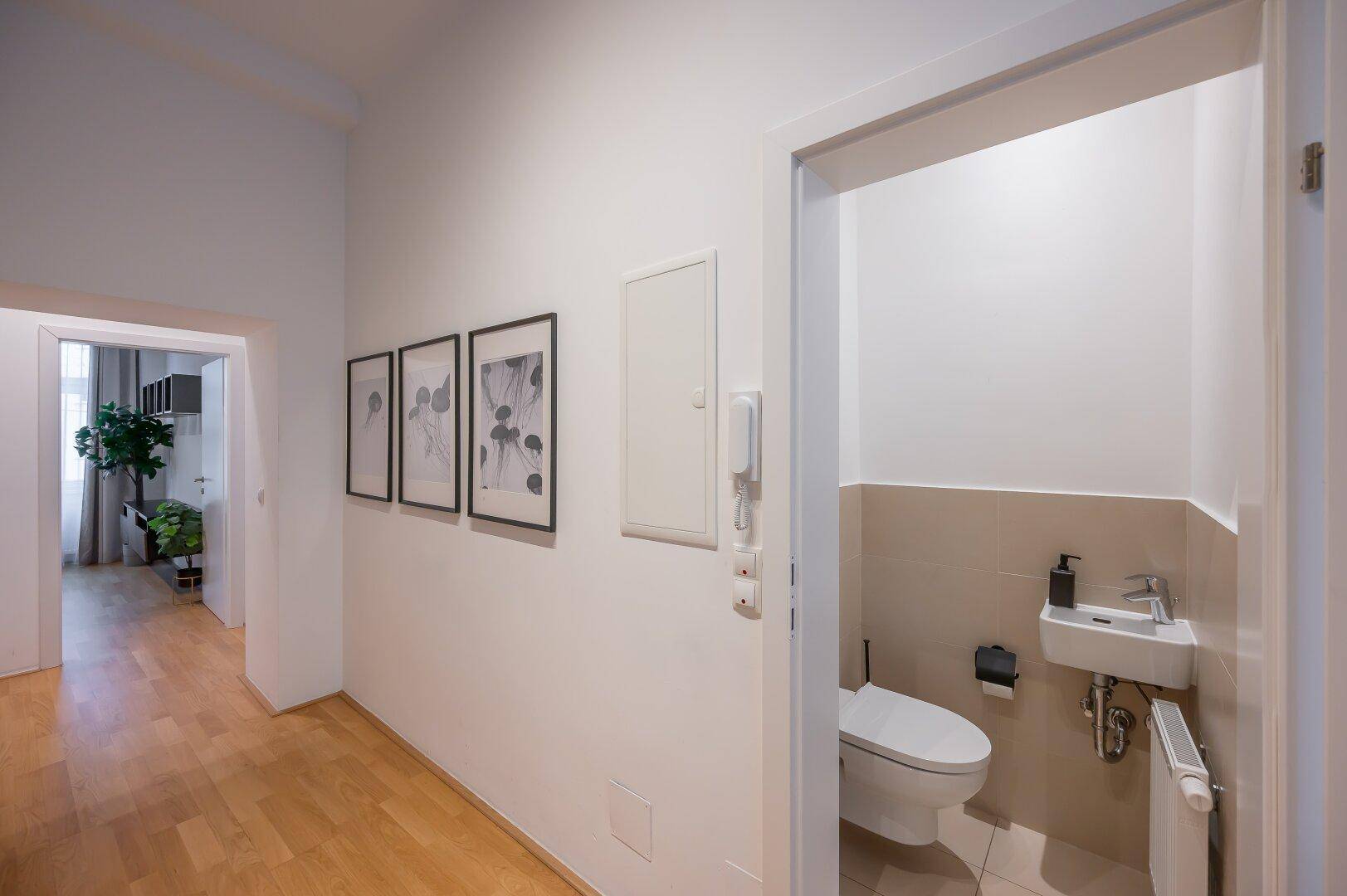 Kleines Gäste-WC mit Wand-WC und Handwaschbecken.