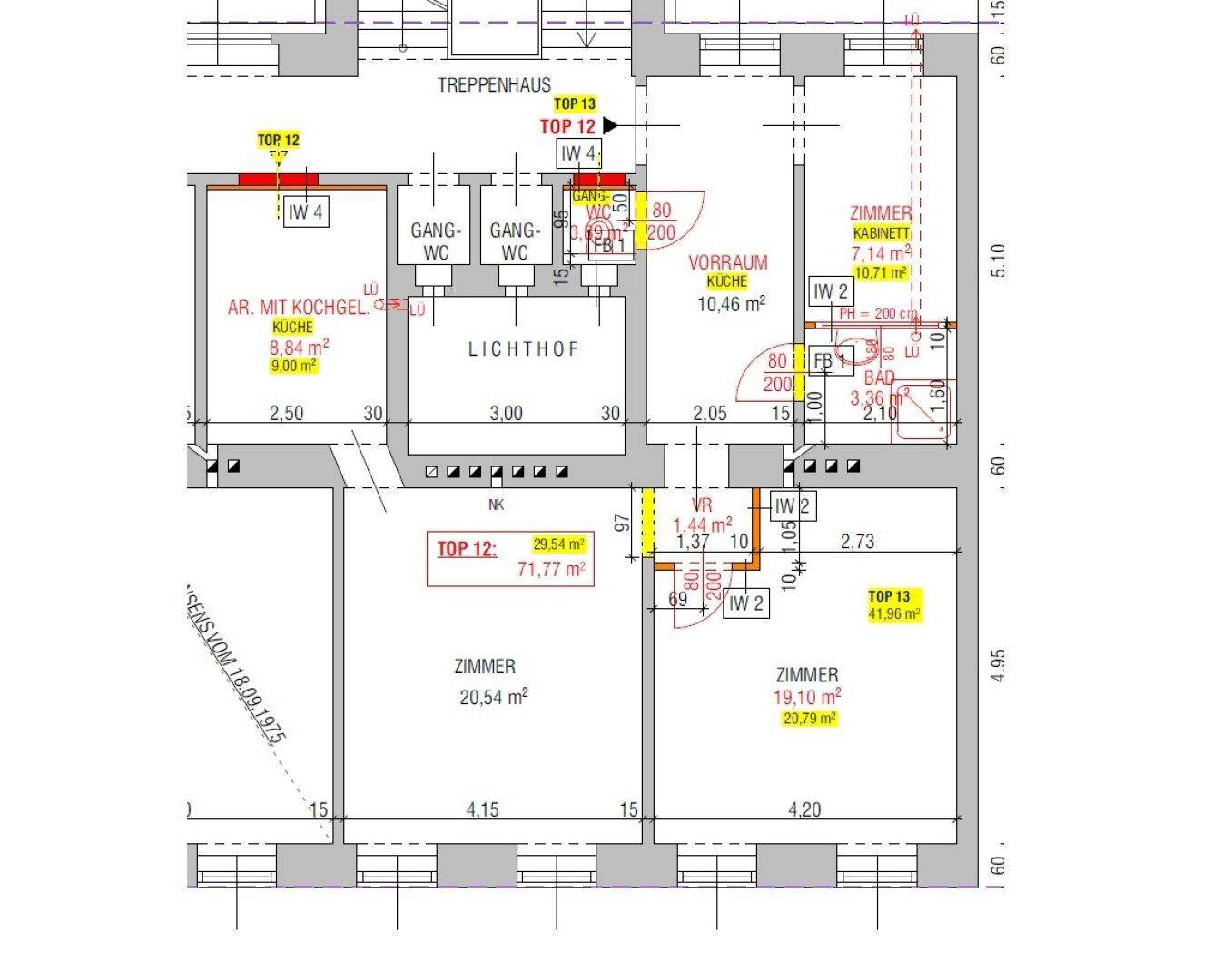 Grundrissplan mit verschiedenen Zimmern, Küche, Bad und WC.