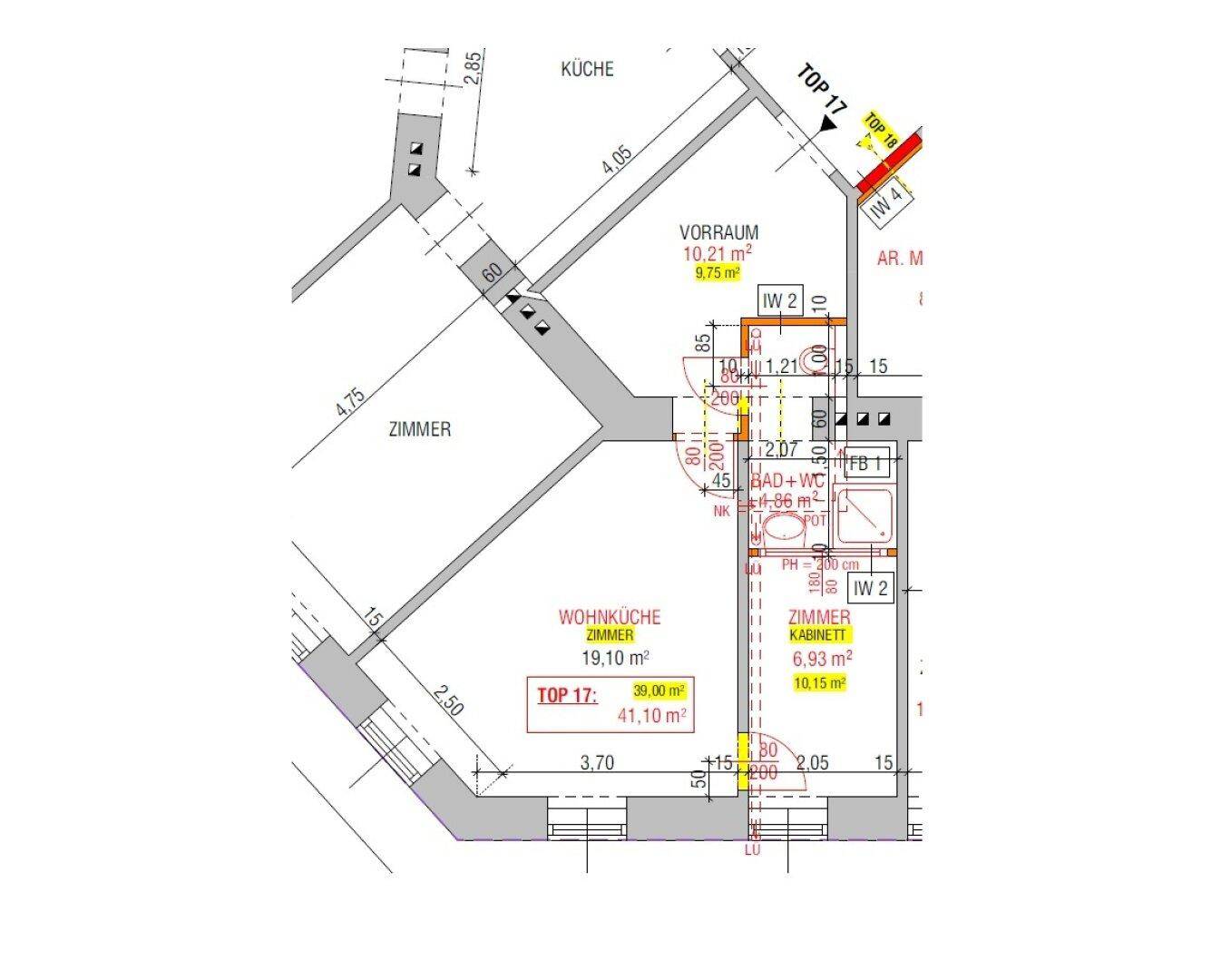 Detaillierter Grundriss einer Wohnung mit verschiedenen Räumen und Flächenangaben.