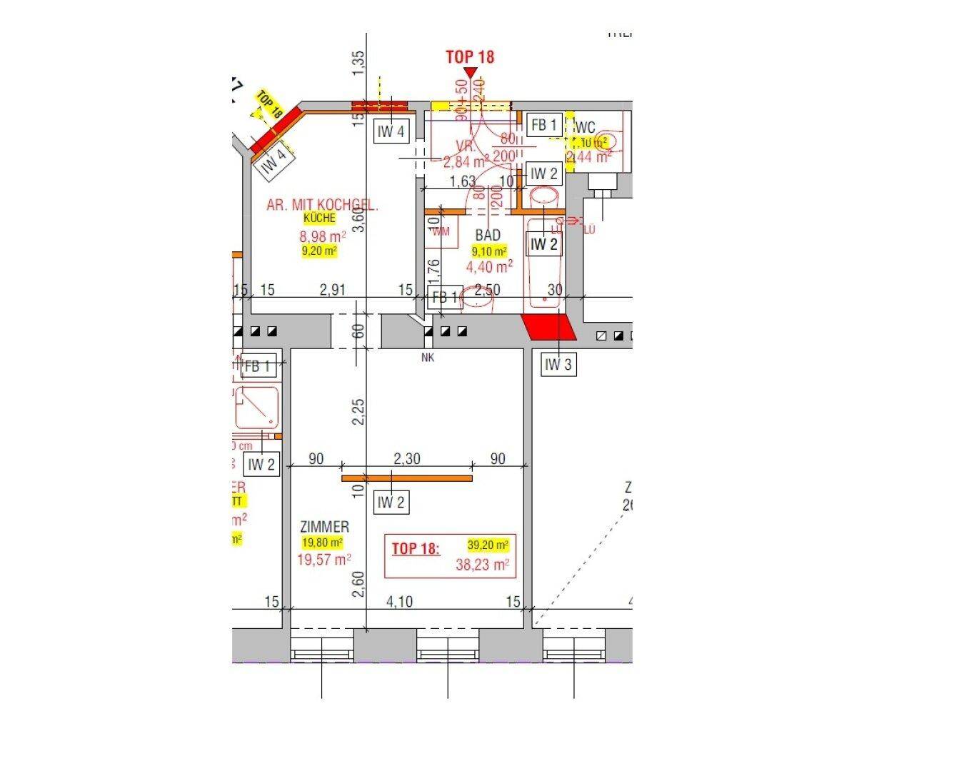 Grundriss der Wohnung Top 18 mit offener Küche, Bad, separatem WC und Zimmern.