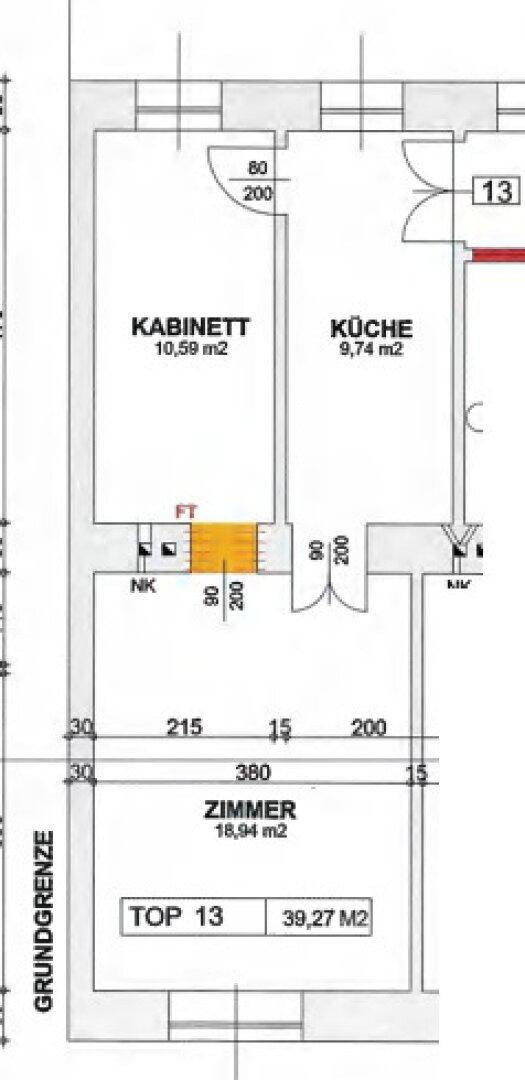 Grundrissplan einer Wohnung mit Kabinett, Küche und Zimmer, Gesamtfläche 39,27 m².