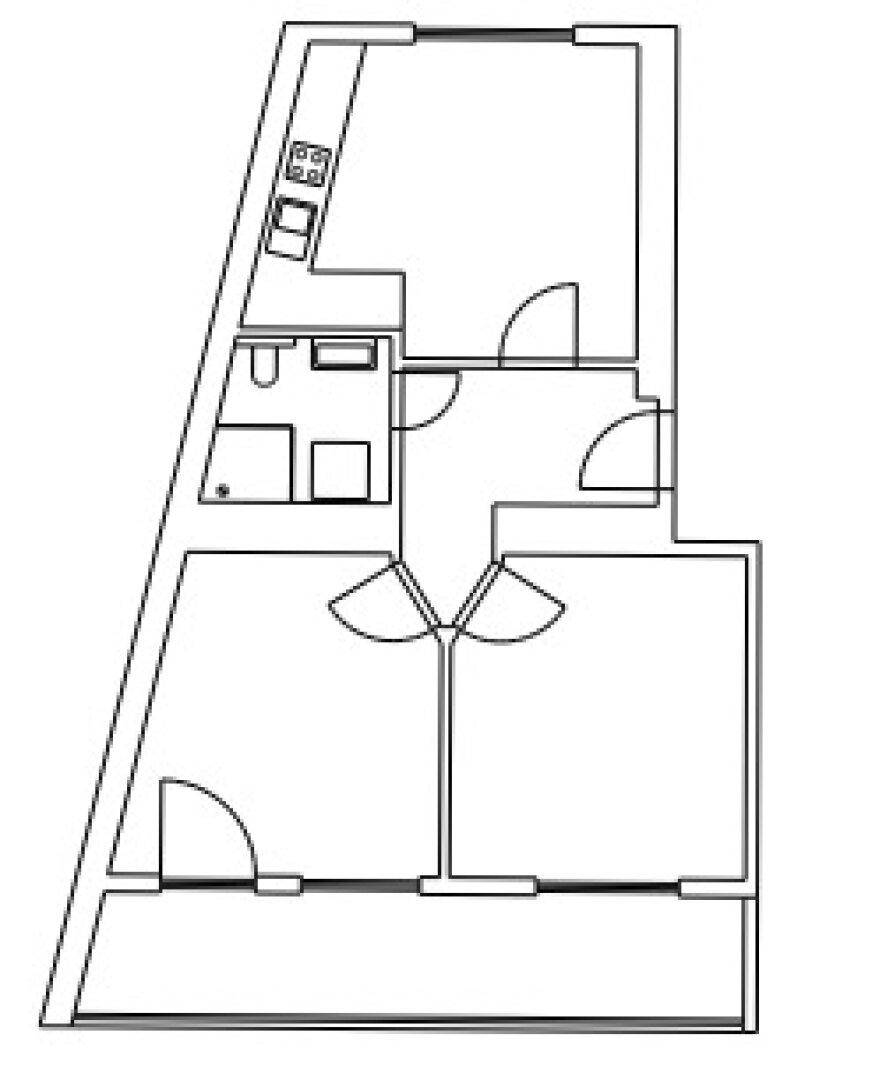 Grundriss einer Wohnung mit drei Zimmern, Küche und Bad.