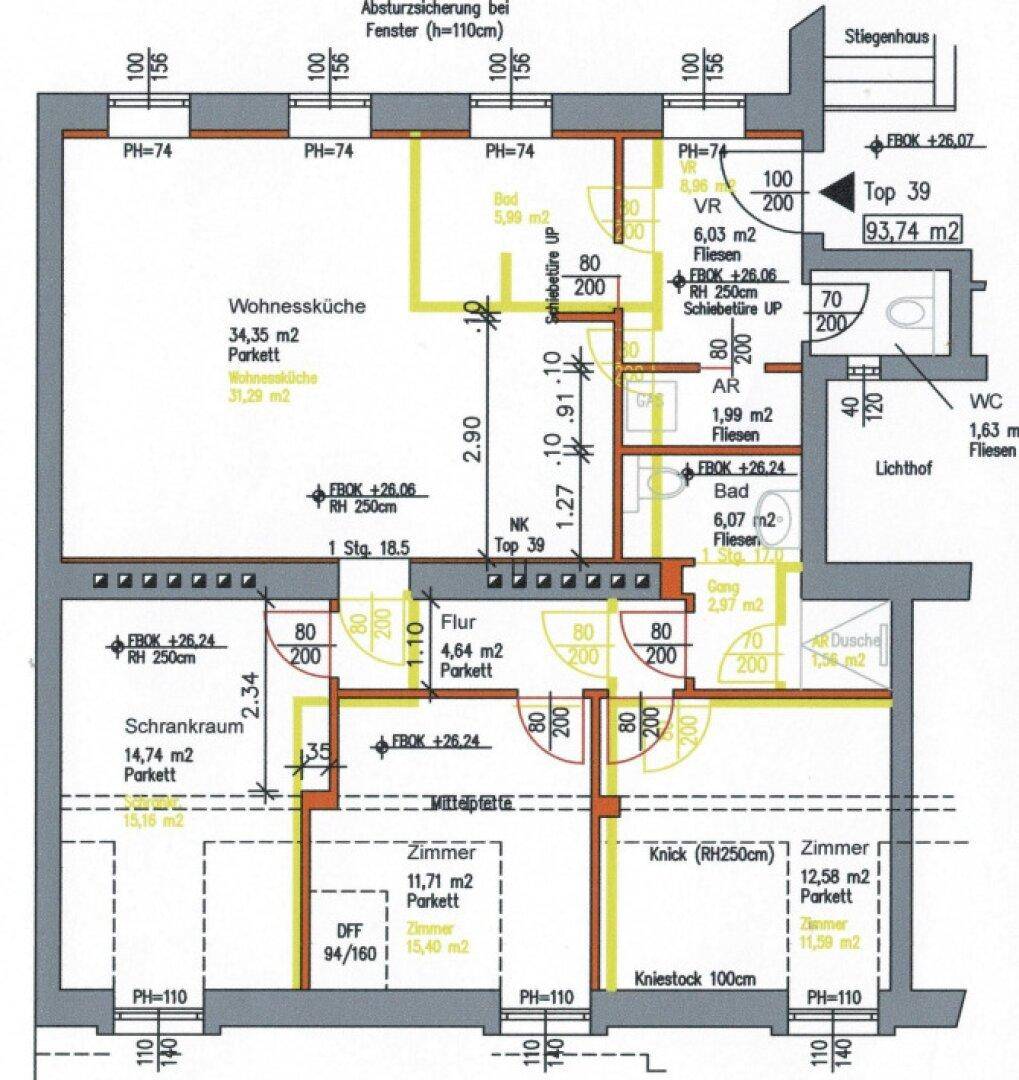 Detaillierter Grundriss einer Wohnung mit Wohnküche, Zimmern und Bädern.