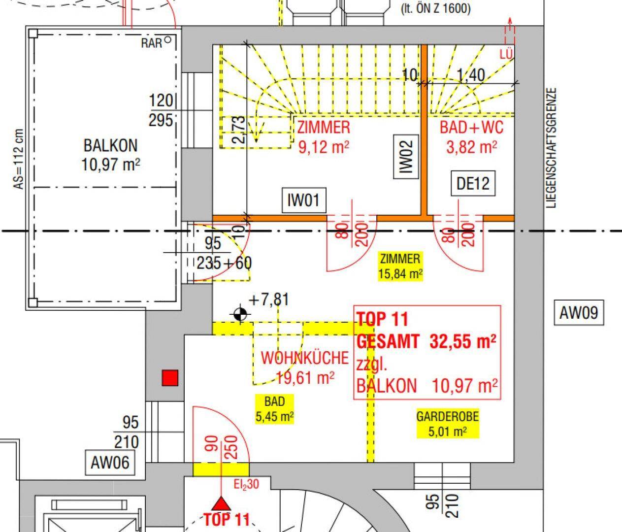 Detaillierter Grundriss einer Wohnung mit Wohnküche, Balkon, zwei Bädern und Garderobe.