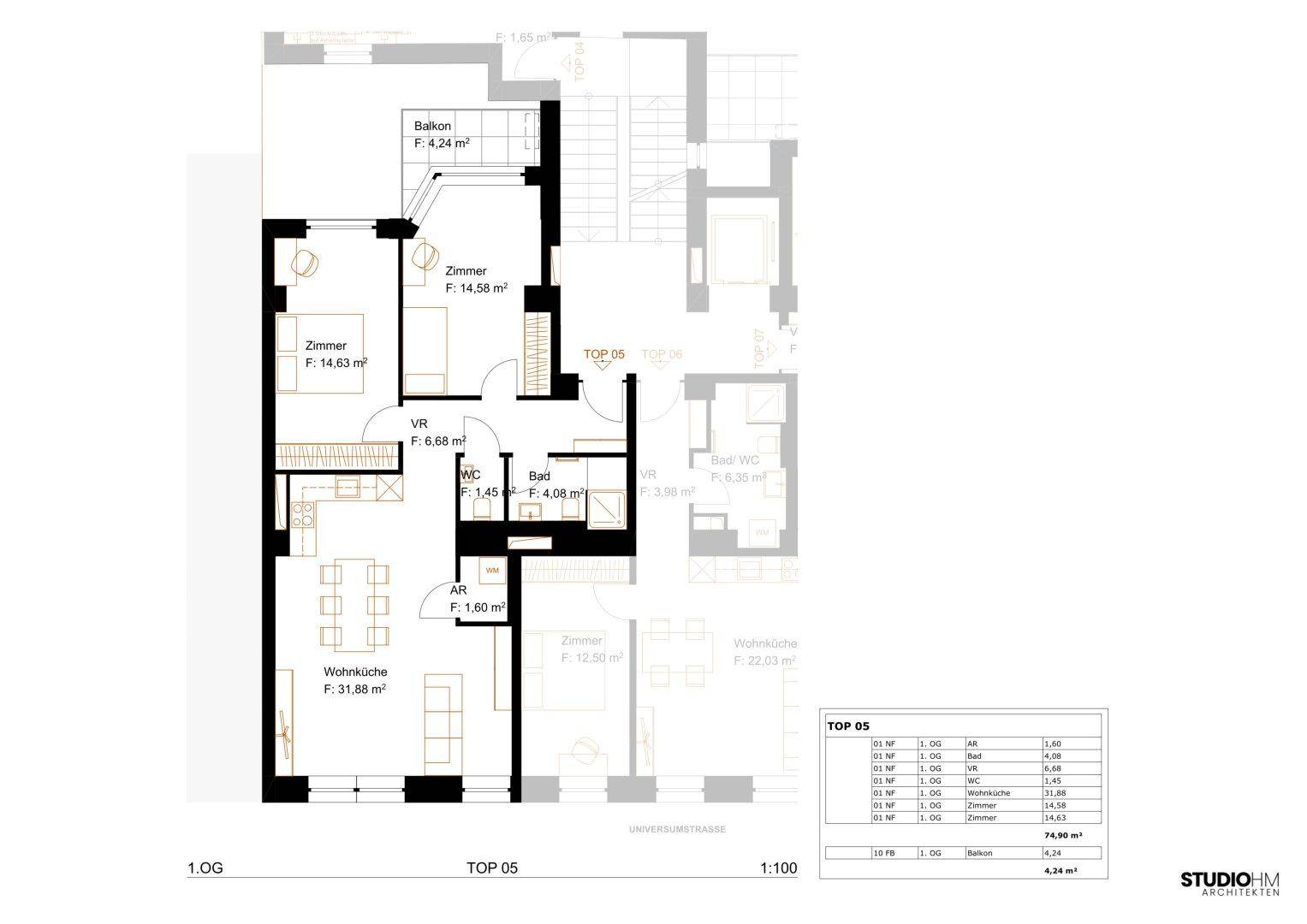 Grundriss der Wohnung TOP 05 mit Wohnküche, zwei Zimmern, Bad und Balkon.