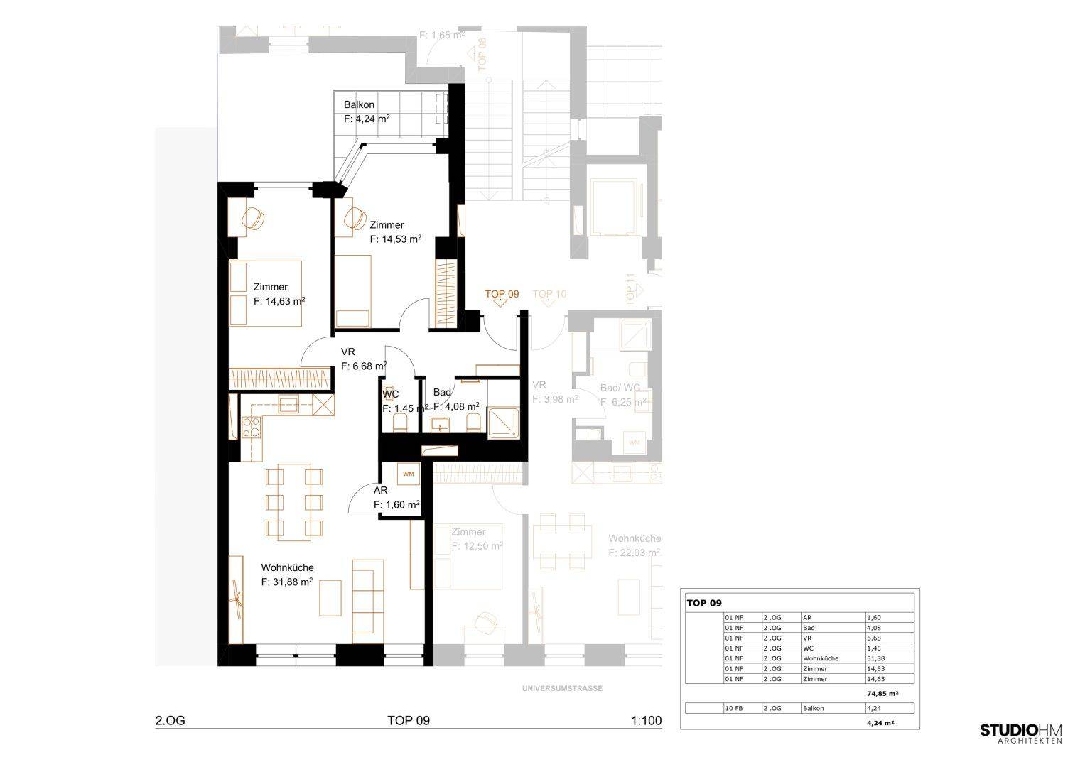 Detaillierter Grundriss einer Wohnung mit 2 Zimmern, Wohnküche und Balkon.