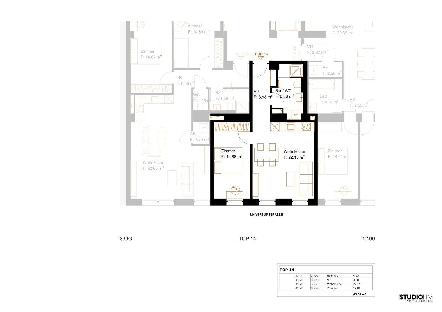 Detaillierter Grundriss der Wohnung TOP 14 mit offener Wohnküche, einem Schlafzimmer und Bad.