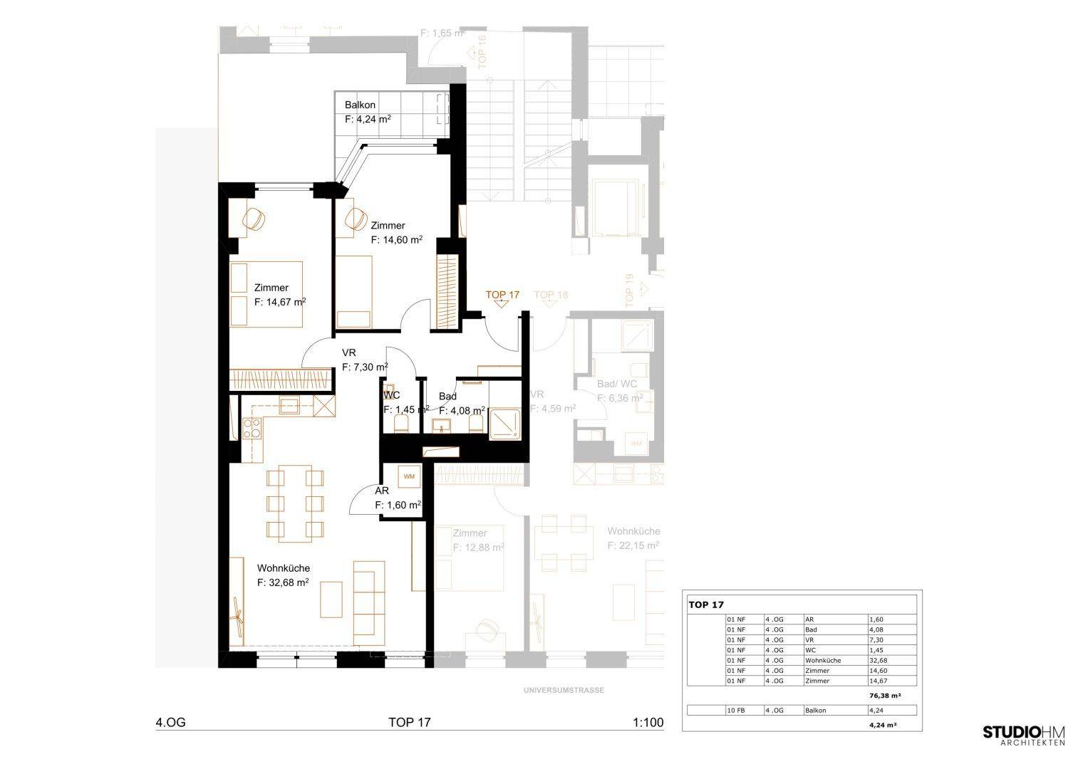 Grundriss der Wohnung TOP 17 mit Balkon und offener Wohnküche.