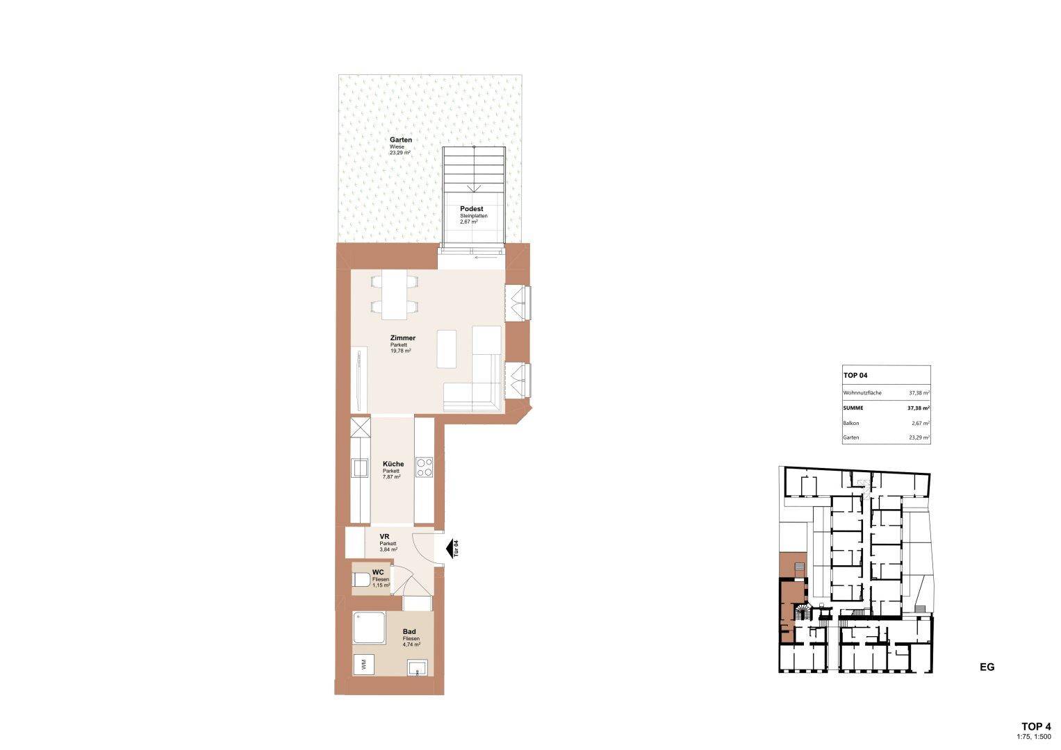 Grundriss einer Erdgeschosswohnung mit Garten, Wohnbereich, Küche und Bad.