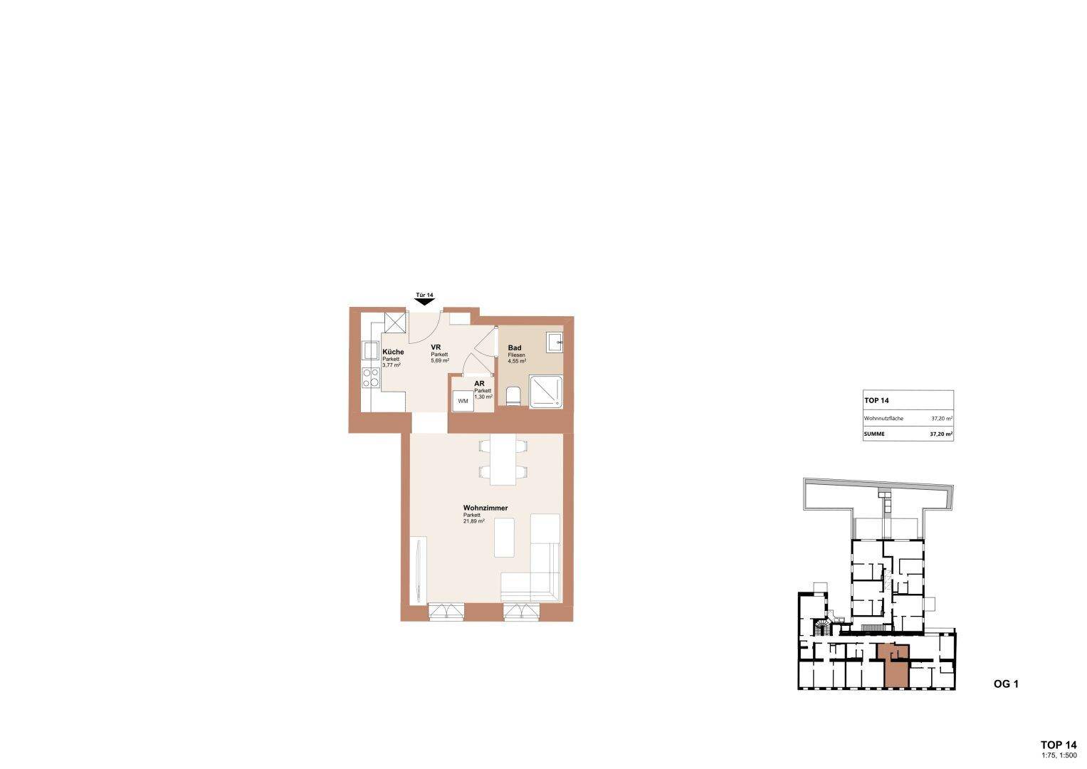 Grundriss einer kompakten Wohnung mit separater Küche, geräumigem Wohn-Essbereich und Bad mit Dusche.