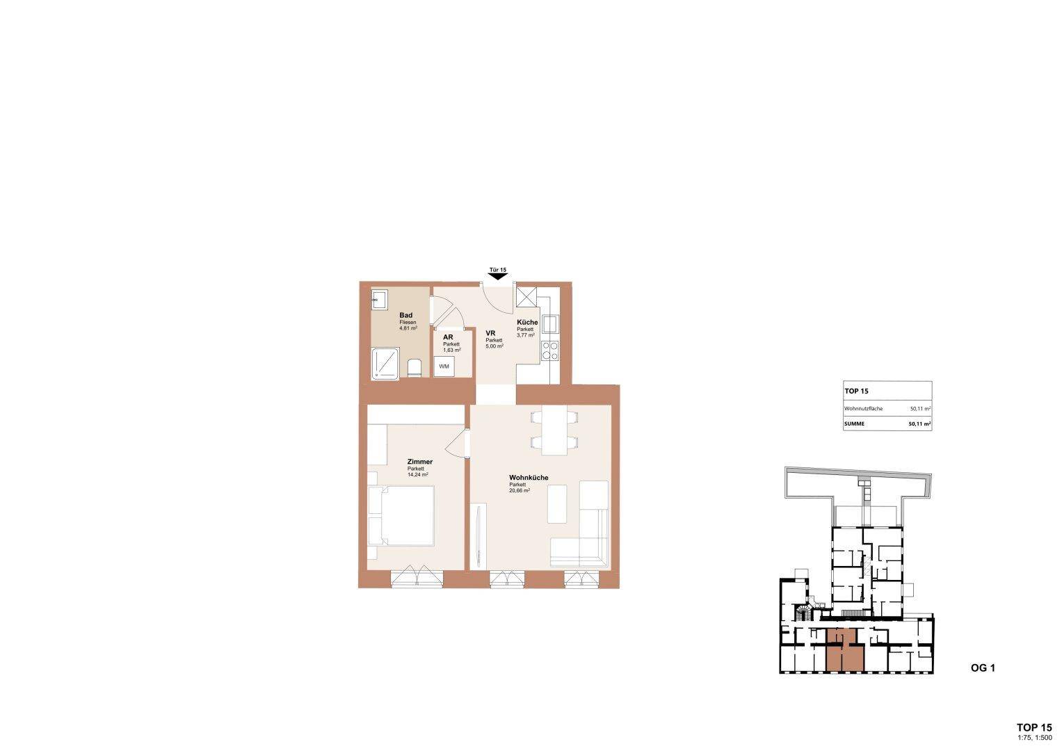 Grundriss der Wohnung TOP 15 mit Zimmer, Wohnküche und Bad, inklusive Gesamtübersicht.