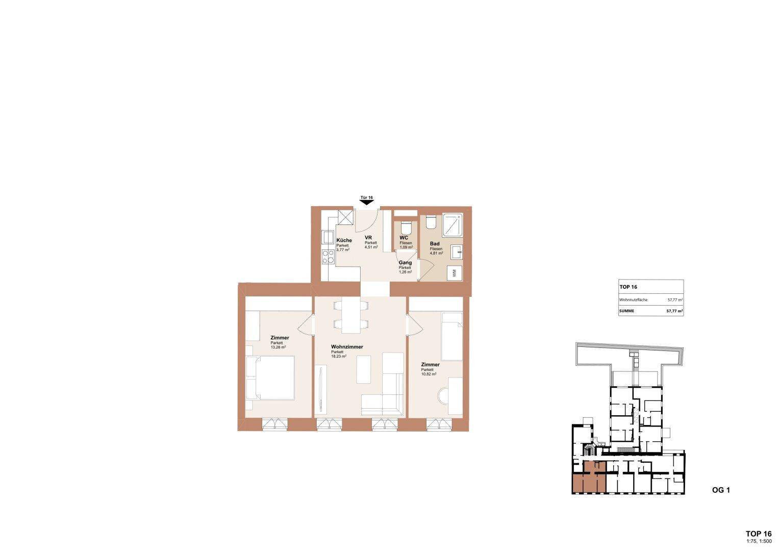 Grundriss einer Dreizimmerwohnung mit separater Küche, Bad, WC und französischem Balkon.