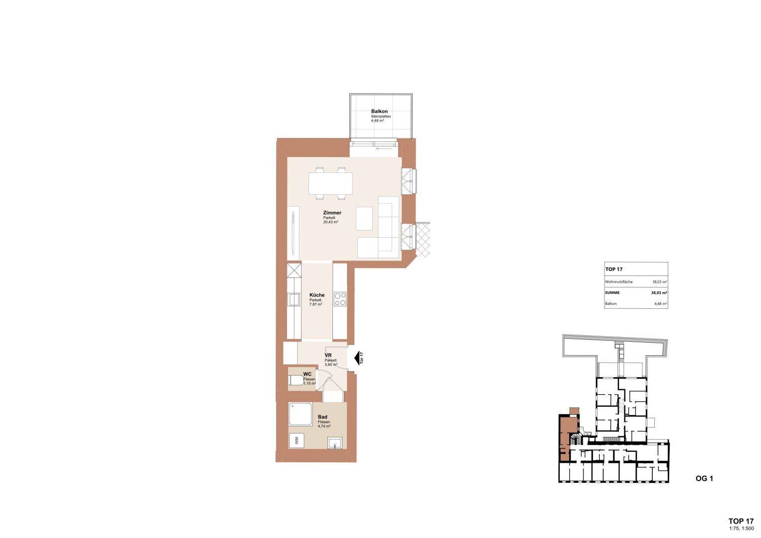 Grundriss der Wohnung TOP 17 mit Balkon, Zimmern und Nasszellen.