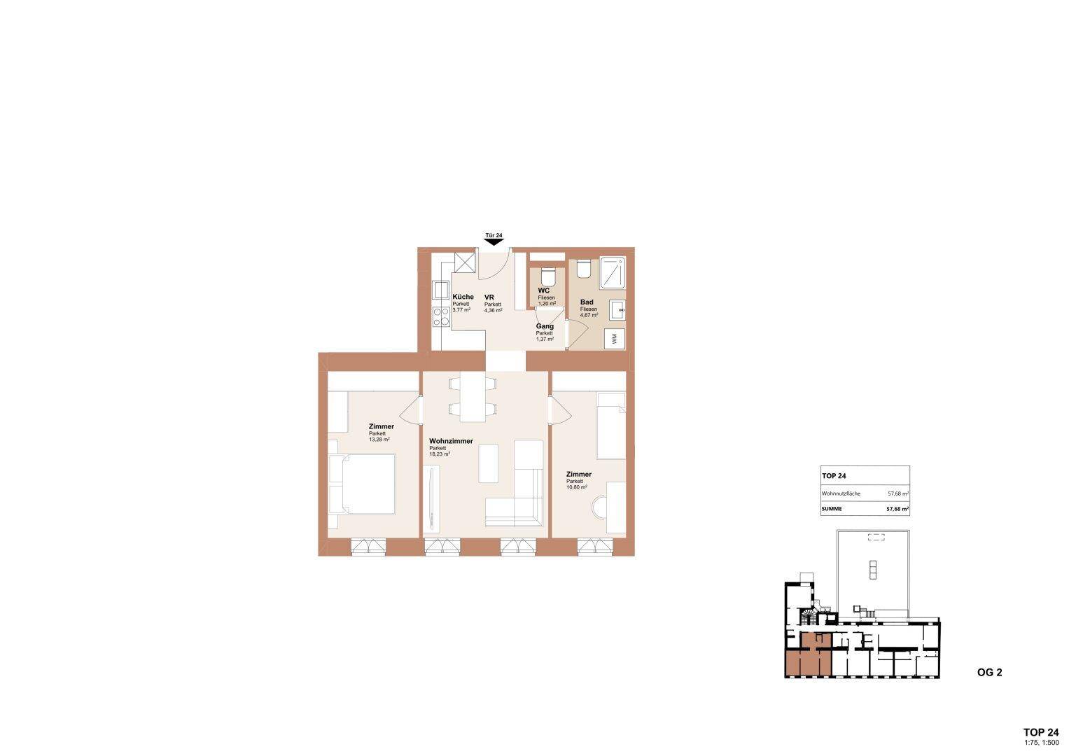 Grundriss der Wohnung Top 24 im zweiten Obergeschoss mit drei Zimmern und Bad.