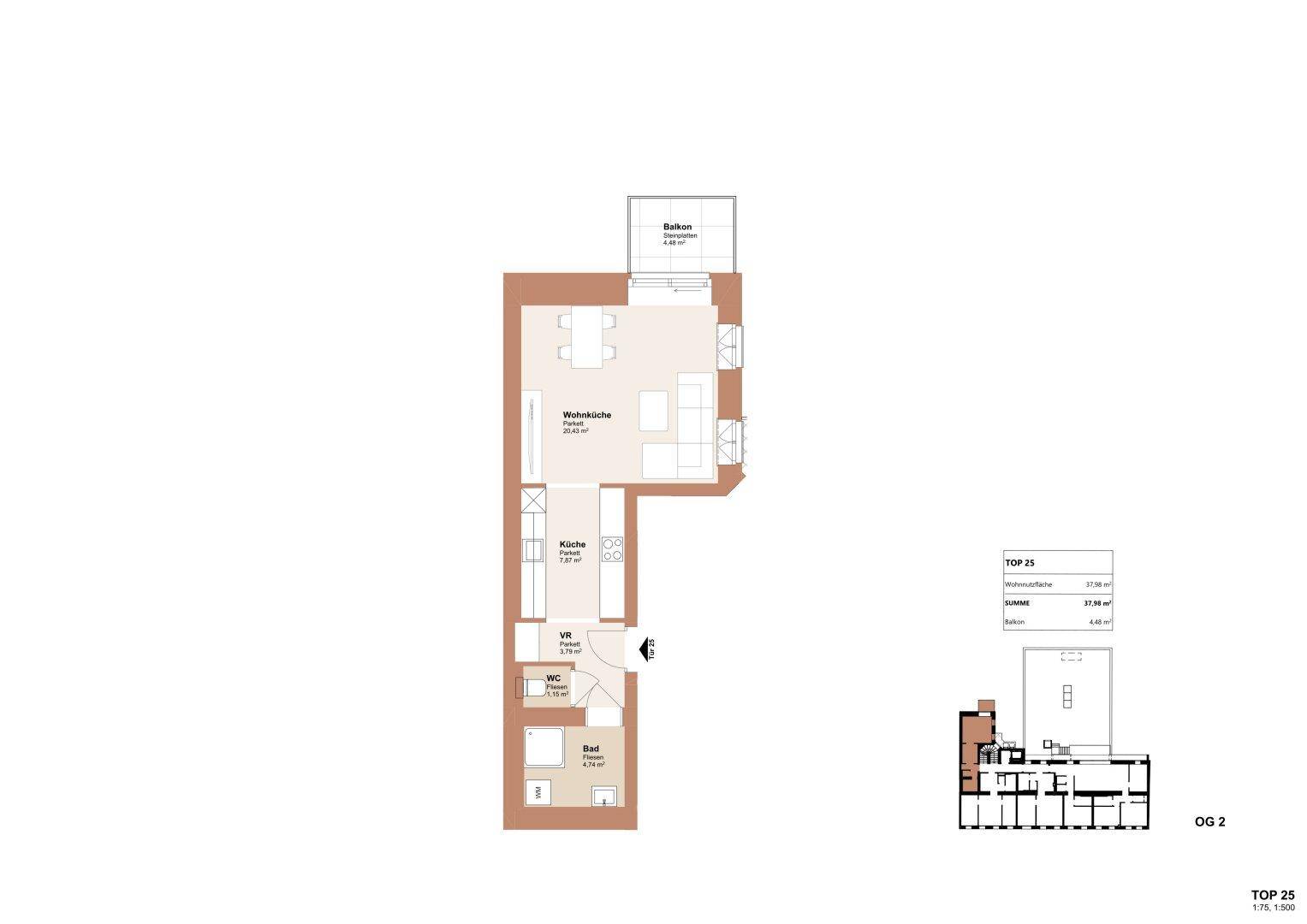 Grundriss einer Wohnung mit Wohnküche, Bad, WC und Balkon.