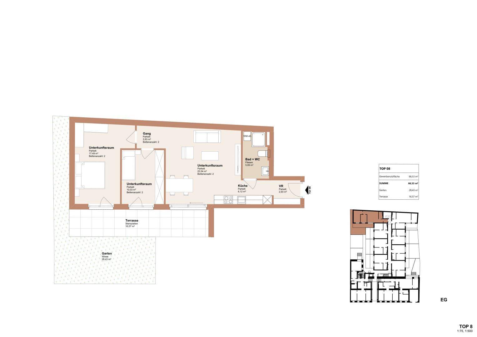 Grundriss einer Erdgeschosswohnung mit zwei Schlafzimmern, offenem Wohnbereich und Terrasse.