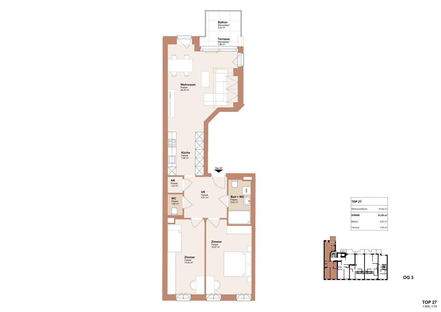 Grundriss der Wohnung Top 27 mit Balkon, Terrasse und offenem Wohnbereich.