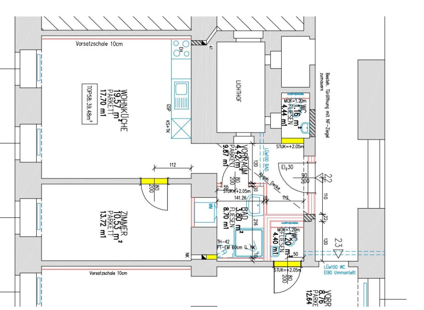 Detaillierter Grundriss einer Wohnung mit Wohnküche und mehreren Zimmern.